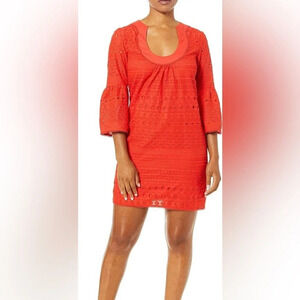 Trina Turk Bonita Bell Sleeve Eyelet Embroidered Dress in Poppy - Size 4